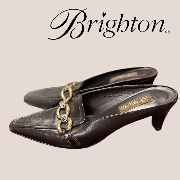 Brighton "Tosca" Brown Leather Heeled Mules 8 - Picture 2 of 5